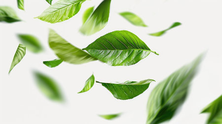 Green flying leaves isolated on white background. Fresh tea, air purifier, organic, vegan, eco or beauty product concept design bannerの素材