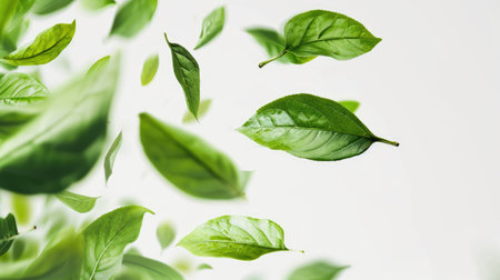Green flying leaves isolated on white background. Fresh tea, air purifier, organic, vegan, eco or beauty product concept design bannerの素材