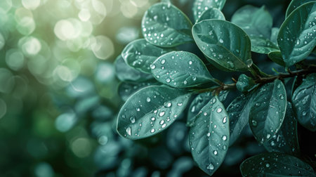 Close-up of green leaves with water drops. Concept of eco-friendly, ecology and healthy environmentの素材