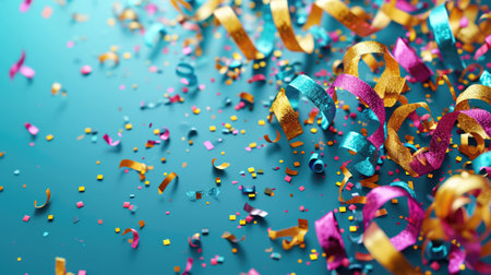 Abstract festive background with glitter, confetti, ribbons and free place for text. New Year, Christmas, birthday, holiday celebration bannerの素材