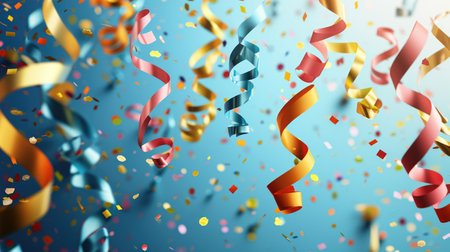 Abstract festive background with glitter, confetti, ribbons and free place for text. New Year, Christmas, birthday, holiday celebration bannerの素材