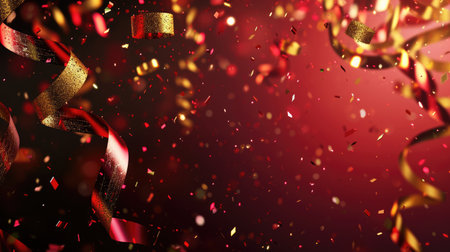Abstract festive background with glitter, confetti, ribbons and free place for text. New Year, Christmas, birthday, holiday celebration bannerの素材