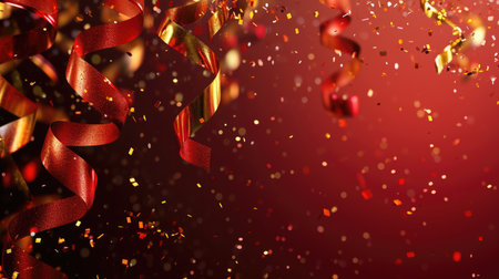 Abstract festive background with glitter, confetti, ribbons and free place for text. New Year, Christmas, birthday, holiday celebration bannerの素材