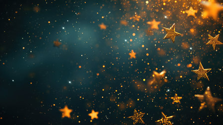 Abstract festive dark background with golden stars glitter and free place for text. New Year, Christmas, birthday, holiday celebration bannerの素材
