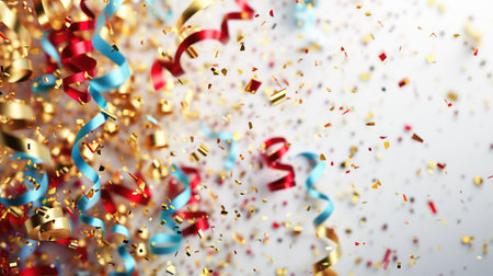Abstract festive background with glitter, confetti, ribbons and free place for text. New Year, Christmas, birthday, holiday celebration bannerの素材