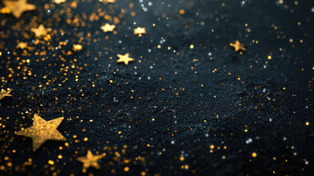 Abstract festive dark background with golden stars glitter and free place for text. New Year, Christmas, birthday, holiday celebration bannerの素材