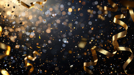 Abstract festive background with glitter, confetti, ribbons and free place for text. New Year, Christmas, birthday, holiday celebration bannerの素材