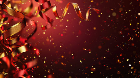 Abstract festive background with glitter, confetti, ribbons and free place for text. New Year, Christmas, birthday, holiday celebration bannerの素材