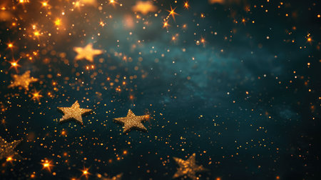 Abstract festive dark background with golden stars glitter and free place for text. New Year, Christmas, birthday, holiday celebration bannerの素材