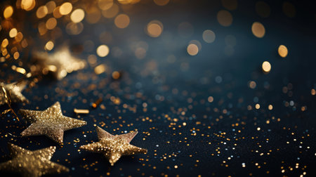 Abstract festive dark background with golden stars glitter and free place for text. New Year, Christmas, birthday, holiday celebration bannerの素材