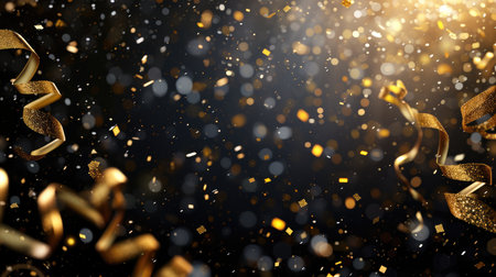 Abstract festive background with glitter, confetti, ribbons and free place for text. New Year, Christmas, birthday, holiday celebration bannerの素材