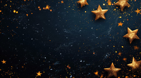 Abstract festive dark background with golden stars glitter and free place for text. New Year, Christmas, birthday, holiday celebration bannerの素材