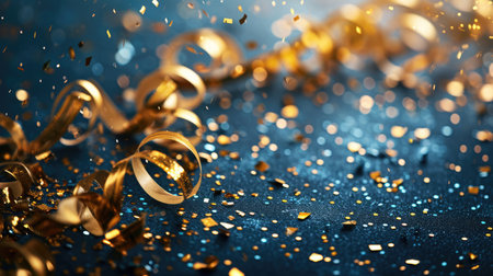 Abstract festive background with glitter, confetti, ribbons and free place for text. New Year, Christmas, birthday, holiday celebration bannerの素材