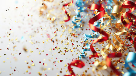 Abstract festive background with glitter, confetti, ribbons and free place for text. New Year, Christmas, birthday, holiday celebration bannerの素材