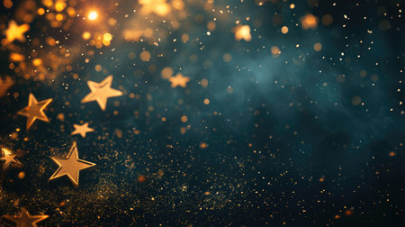 Abstract festive dark background with golden stars glitter and free place for text. New Year, Christmas, birthday, holiday celebration bannerの素材