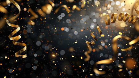 Abstract festive background with glitter, confetti, ribbons and free place for text. New Year, Christmas, birthday, holiday celebration bannerの素材
