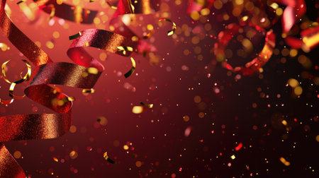 Abstract festive background with glitter, confetti, ribbons and free place for text. New Year, Christmas, birthday, holiday celebration bannerの素材