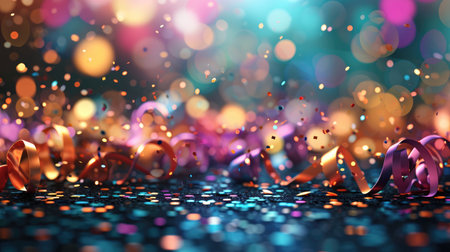 Abstract festive background with glitter, confetti, ribbons and free place for text. New Year, Christmas, birthday, holiday celebration bannerの素材