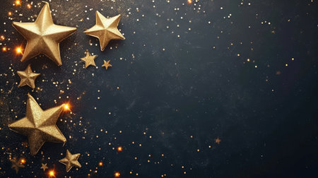 Abstract festive dark background with golden stars glitter and free place for text. New Year, Christmas, birthday, holiday celebration bannerの素材