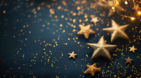 Abstract festive dark background with golden stars glitter and free place for text. New Year, Christmas, birthday, holiday celebration bannerの素材
