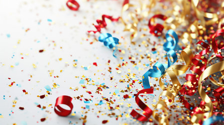 Abstract festive background with glitter, confetti, ribbons and free place for text. New Year, Christmas, birthday, holiday celebration bannerの素材