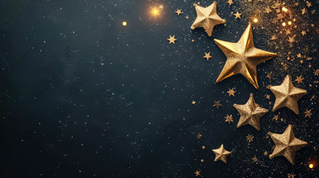 Abstract festive dark background with golden stars glitter and free place for text. New Year, Christmas, birthday, holiday celebration bannerの素材