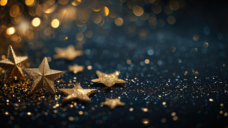 Abstract festive dark background with golden stars glitter and free place for text. New Year, Christmas, birthday, holiday celebration bannerの素材