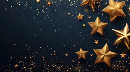 Abstract festive dark background with golden stars glitter and free place for text. New Year, Christmas, birthday, holiday celebration bannerの素材