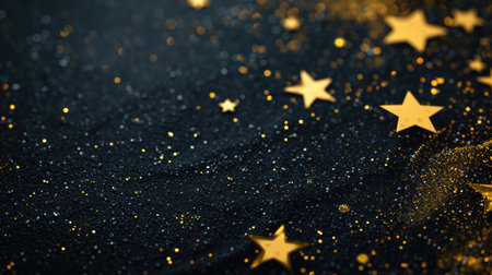 Abstract festive dark background with golden stars glitter and free place for text. New Year, Christmas, birthday, holiday celebration bannerの素材