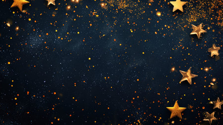 Abstract festive dark background with golden stars glitter and free place for text. New Year, Christmas, birthday, holiday celebration bannerの素材