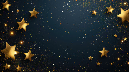 Abstract festive dark background with golden stars glitter and free place for text. New Year, Christmas, birthday, holiday celebration bannerの素材