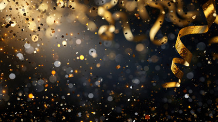 Abstract festive background with glitter, confetti, ribbons and free place for text. New Year, Christmas, birthday, holiday celebration bannerの素材