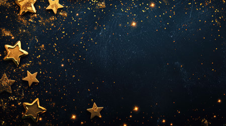 Abstract festive dark background with golden stars glitter and free place for text. New Year, Christmas, birthday, holiday celebration bannerの素材