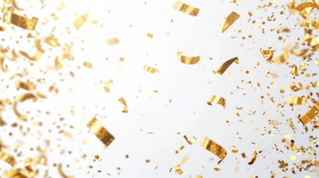 Abstract festive white background with golden glitter particles and free place for text. New Year, wedding, Christmas, birthday, holiday celebration bannerの素材