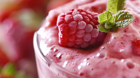 Close up of fresh fruits and berries smoothie in a glass. Healthy food concept background, bannerの素材