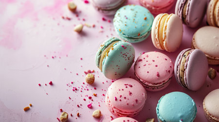 Colorful macarons sweet dessert on pastel background with free place for text. French cuisine, macaroon bakery conceptの素材
