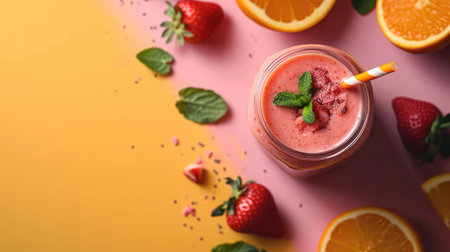 Fresh fruits and berries smoothie in a glass with free place for text. Healthy food concept background, bannerの素材