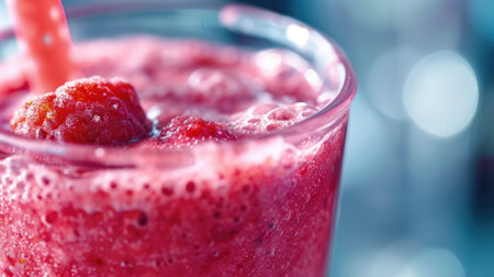 Close up of fresh fruits and berries smoothie in a glass. Healthy food concept background, bannerの素材