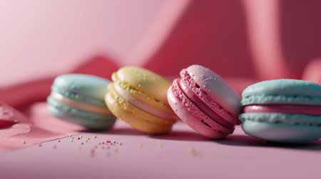 Colorful macarons sweet dessert on pastel background. French cuisine, macaroon bakery conceptの素材