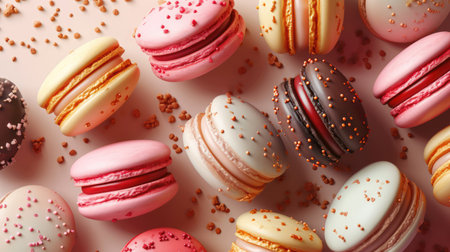 Colorful macarons sweet dessert on pastel background. French cuisine, macaroon bakery conceptの素材