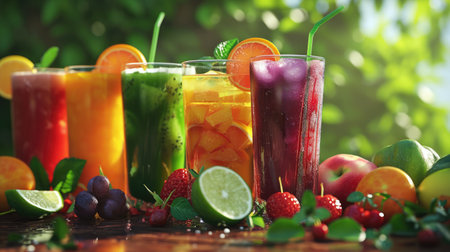 Fresh fruits and berries smoothie in a glass. Healthy food concept background, bannerの素材