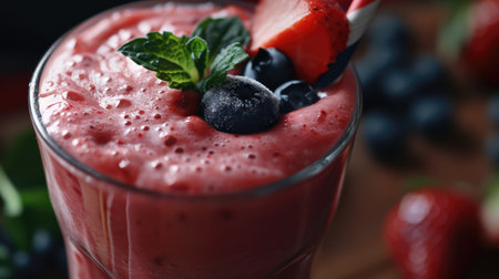 Close up of fresh fruits and berries smoothie in a glass. Healthy food concept background, bannerの素材