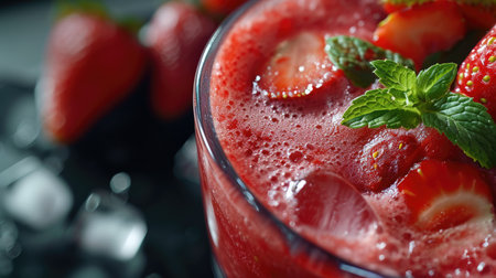 Close up of fresh fruits and berries smoothie in a glass with free place for text. Healthy food concept background, bannerの素材