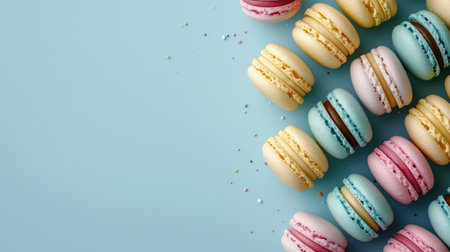 Colorful macarons sweet dessert on pastel background with free place for text. French cuisine, macaroon bakery conceptの素材
