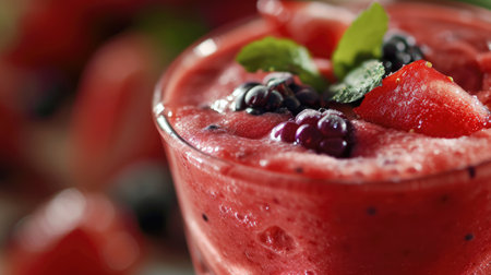 Close up of fresh fruits and berries smoothie in a glass with free place for text. Healthy food concept background, bannerの素材