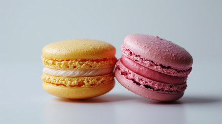 Colorful macarons isolated on white background. French cuisine, macaroon bakery conceptの素材