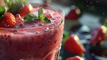 Close up of fresh fruits and berries smoothie in a glass. Healthy food concept background, bannerの素材