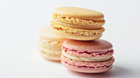 Colorful macarons isolated on white background. French cuisine, macaroon bakery conceptの素材