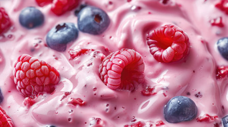 Fresh smoothie texture with berries and fruits. Close up top view of healthy shake background, bannerの素材