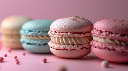 Colorful macarons sweet dessert on pastel background. French cuisine, macaroon bakery conceptの素材